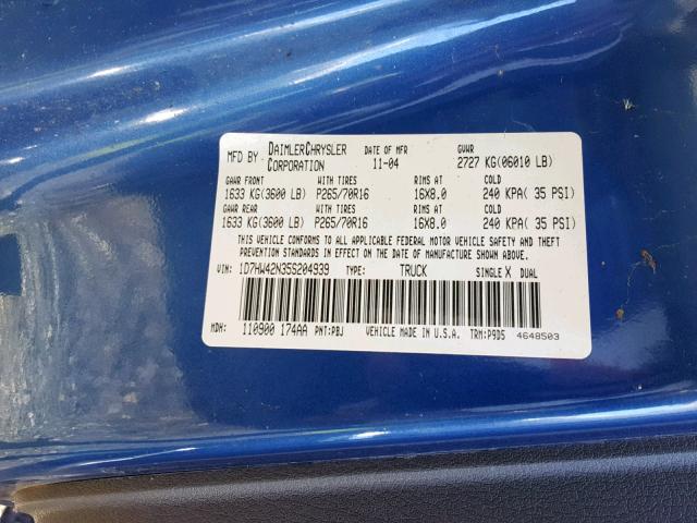 1D7HW42N35S204939 - 2005 DODGE DAKOTA SLT BLUE photo 10