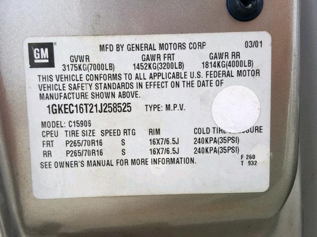 1GKEC16T21J258525 - 2001 GMC YUKON XL C GRAY photo 10