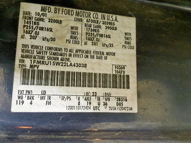 1FMRU15W22LA43038 - 2002 FORD EXPEDITION BLUE photo 10