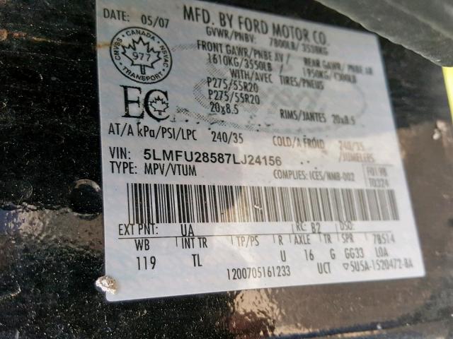 5LMFU28587LJ24156 - 2007 LINCOLN NAVIGATOR BLACK photo 10