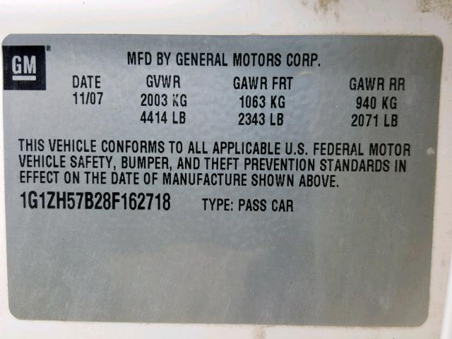 1G1ZH57B28F162718 - 2008 CHEVROLET MALIBU 1LT 白色 照片 10