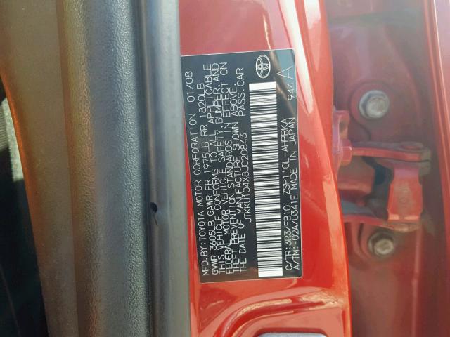 JTKKU104X8J020843 - 2008 TOYOTA SCION XD RED photo 10