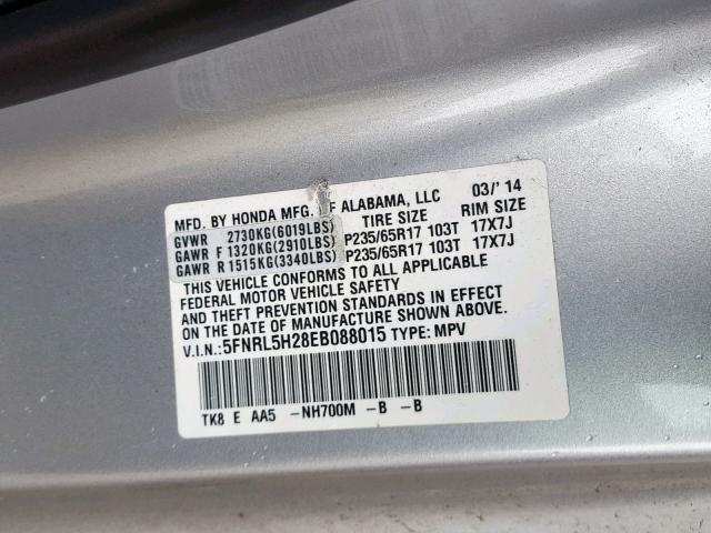 5FNRL5H28EB088015 - 2014 HONDA ODYSSEY LX SILVER photo 10