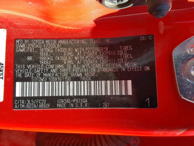 5TFDW5F10BX161150 - 2011 TOYOTA TUNDRA CRE RED photo 10