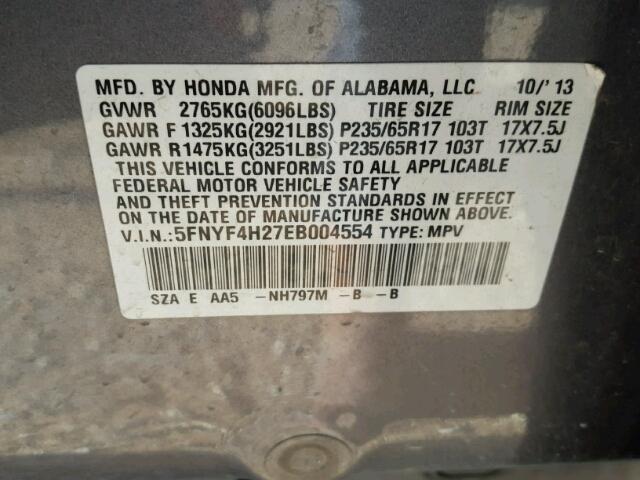 5FNYF4H27EB004554 - 2014 HONDA PILOT LX GRAY photo 10