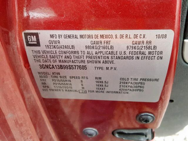 3GNCA13B99S577605 - 2009 CHEVROLET HHR LS 勃艮第红 照片 10