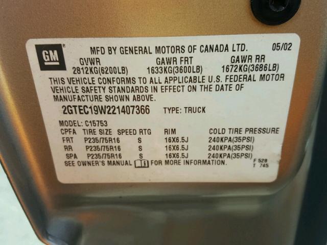 2GTEC19W221407366 - 2002 GMC NEW SIERRA TAN photo 10