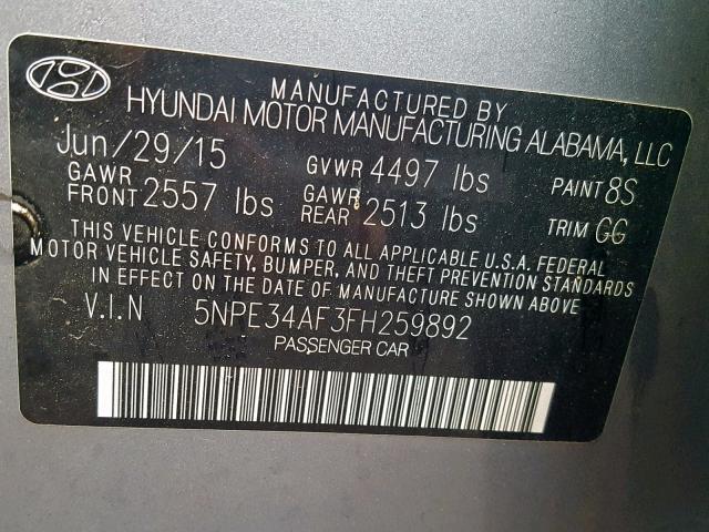 5NPE34AF3FH259892 - 2015 HYUNDAI SONATA SPO BLUE photo 10