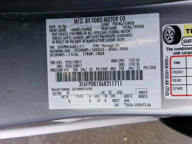 3FAFP081X6R211711 - 2006 FORD FUSION SEL GRAY photo 10