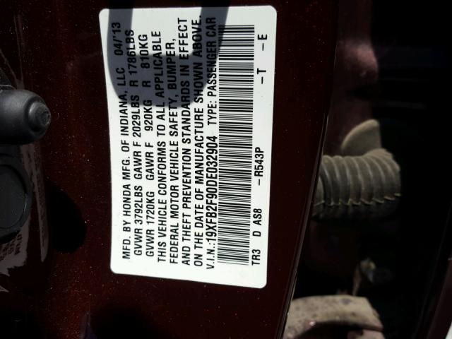 19XFB2F90DE032904 - 2013 HONDA CIVIC EXL MAROON photo 10