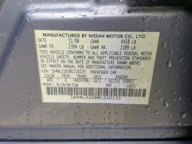 1N4BL21E08C210135 - 2008 NISSAN ALTIMA 3.5 GRAY photo 10