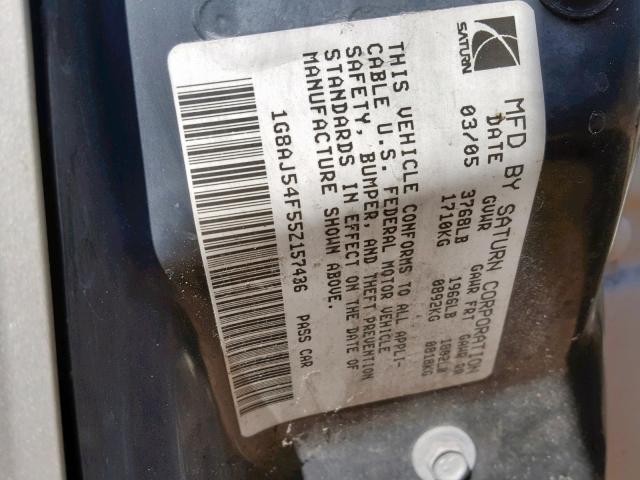 1G8AJ54F55Z157436 - 2005 SATURN ION LEVEL GOLD photo 10