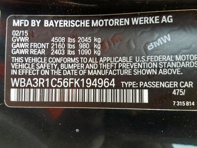 WBA3R1C56FK194964 - 2015 BMW 435 I BLACK photo 10