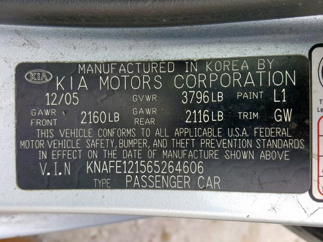 KNAFE121565264606 - 2006 KIA NEW SPECTR GRAY photo 10