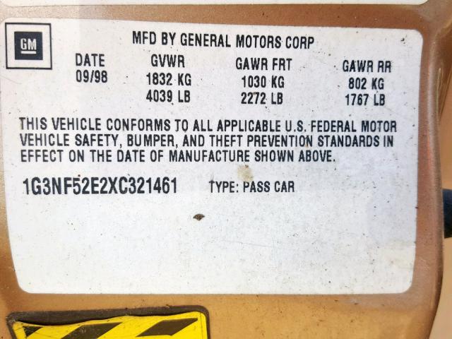 1G3NF52E2XC321461 - 1999 OLDSMOBILE ALERO GLS TAN photo 10