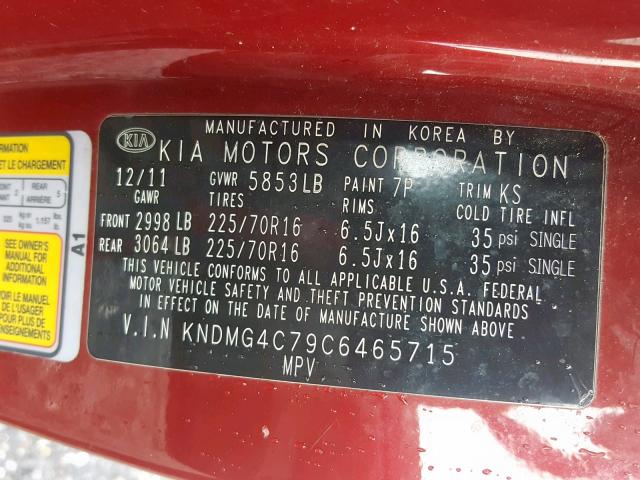 KNDMG4C79C6465715 - 2012 KIA SEDONA LX RED photo 10