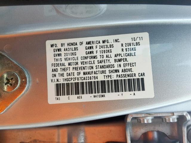 1HGCP2F87CA038794 - 2012 HONDA ACCORD EXL SILVER photo 10