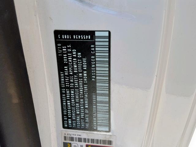 WVWBM7AJXBW148881 - 2011 VOLKSWAGEN GOLF WHITE photo 10