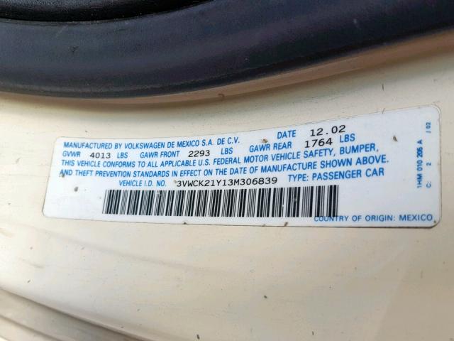 3VWCK21Y13M306839 - 2003 VOLKSWAGEN NEW BEETLE თაფლისფერი ფოტო 10