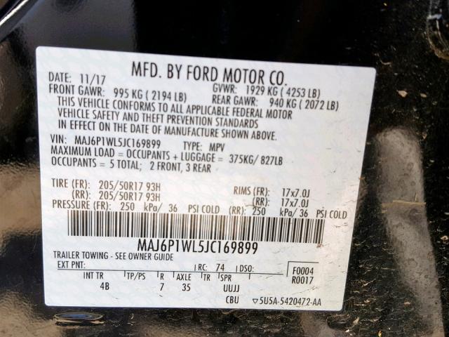 MAJ6P1WL5JC169899 - 2018 FORD ECOSPORT T BLACK photo 10