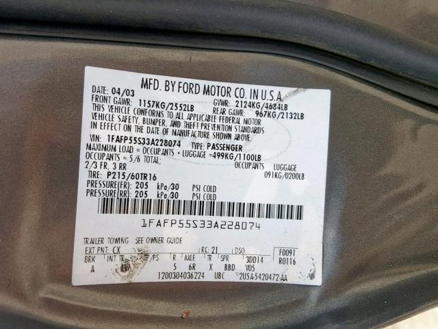 1FAFP55S33A228074 - 2003 FORD TAURUS SES GRAY photo 10