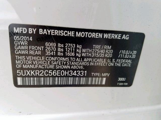 5UXKR2C56E0H34331 - 2014 BMW X5 SDRIVE3 WHITE photo 10