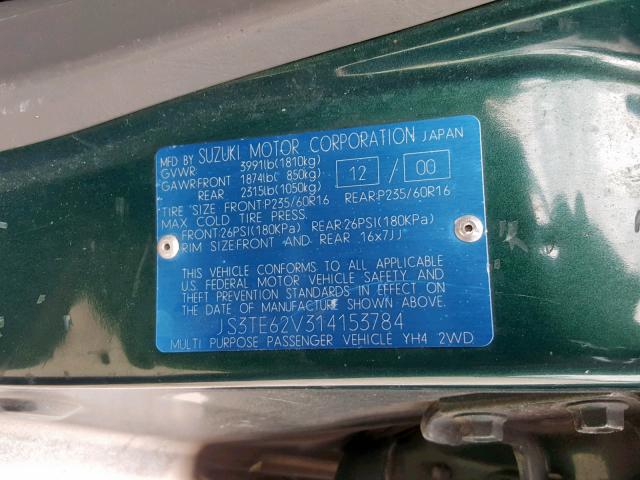 JS3TE62V314153784 - 2001 SUZUKI GRAND VITA GREEN photo 10