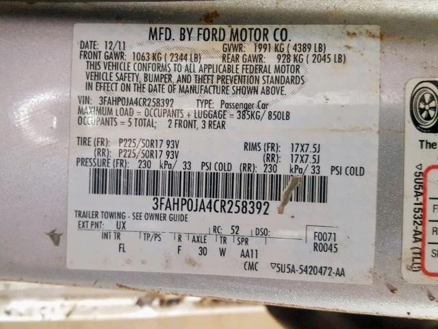 3FAHP0JA4CR258392 - 2012 FORD FUSION SEL SILVER photo 10