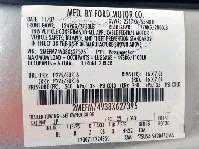 2MEFM74V38X627395 - 2008 MERCURY GRAND MARQ SILVER photo 10