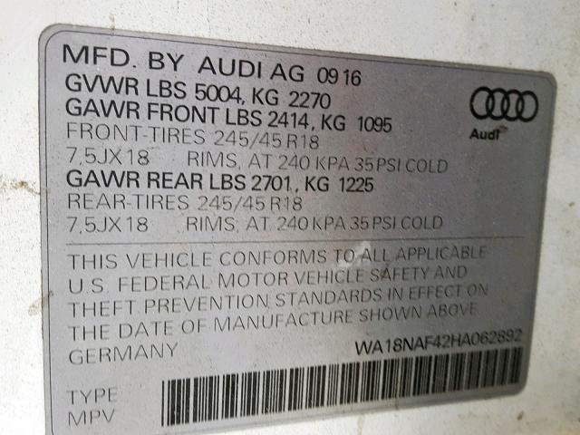 WA18NAF42HA062892 - 2017 AUDI A4 ALLROAD WHITE photo 10