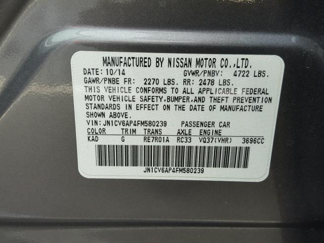 JN1CV6AP4FM580239 - 2015 INFINITI Q40 GRAY photo 10