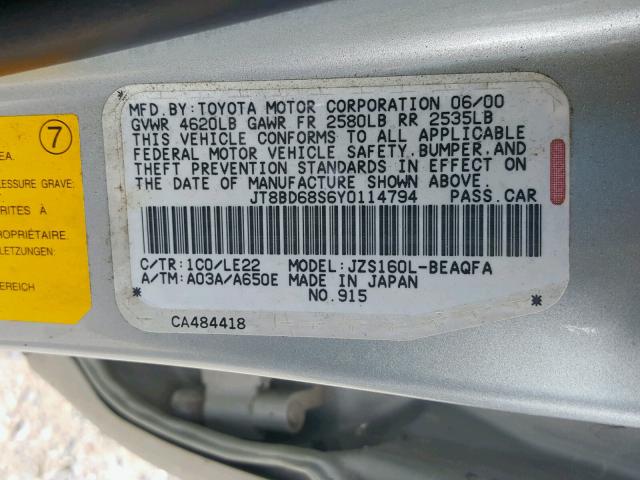 JT8BD68S6Y0114794 - 2000 LEXUS GS 300 SILVER photo 10