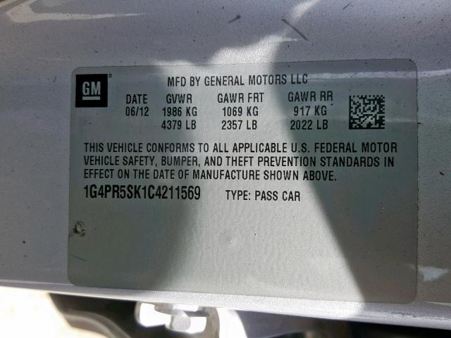 1G4PR5SK1C4211569 - 2012 BUICK VERANO CON SILVER photo 10