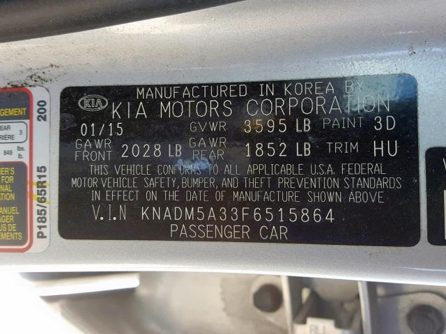 KNADM5A33F6515864 - 2015 KIA RIO LX SILVER photo 10