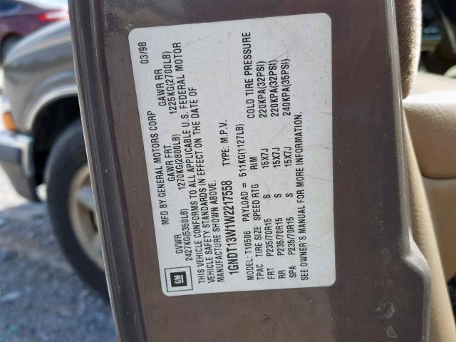 1GNDT13W1W2217558 - 1998 CHEVROLET BLAZER BROWN photo 10