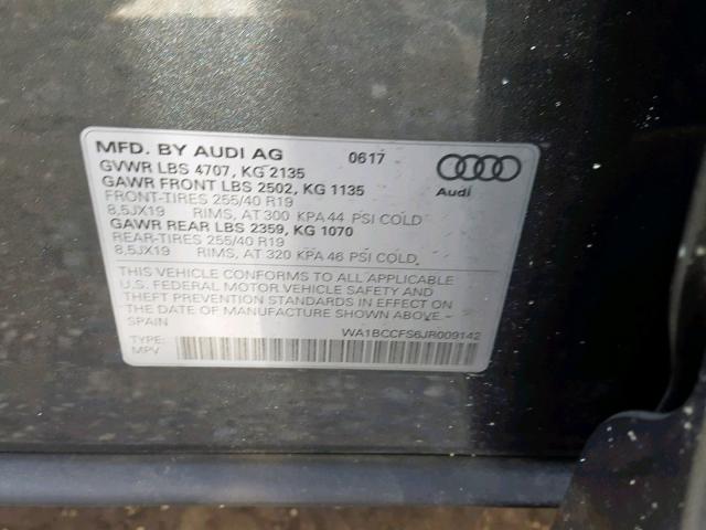 WA1BCCFS6JR009142 - 2018 AUDI Q3 PREMIUM GRAY photo 10