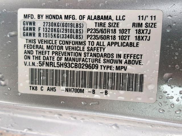 5FNRL5H93CB029609 - 2012 HONDA ODYSSEY TO SILVER photo 10