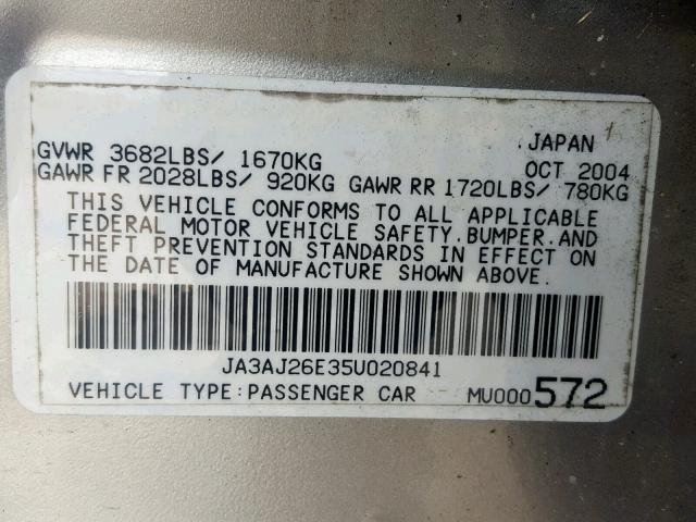 JA3AJ26E35U020841 - 2005 MITSUBISHI LANCER ES SILVER photo 10