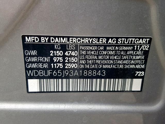 WDBUF65J93A188843 - 2003 MERCEDES-BENZ E 320 GRAY photo 10