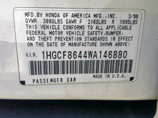 1HGCF8644WA146880 - 1998 HONDA ACCORD DX WHITE photo 10