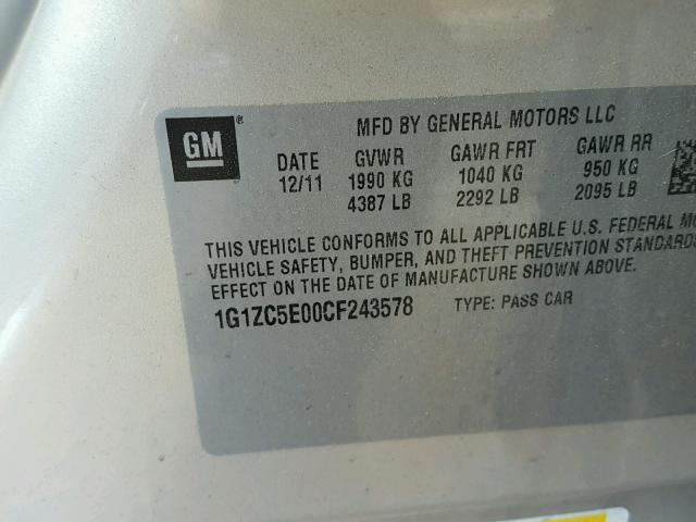1G1ZC5E00CF243578 - 2012 CHEVROLET MALIBU 1LT SILVER photo 10
