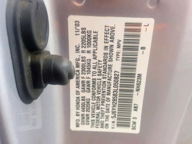 5J6YH28583L050827 - 2003 HONDA ELEMENT EX GRAY photo 10