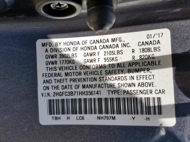 2HGFC3B71HH356141 - 2017 HONDA CIVIC EXL 灰色 照片 10