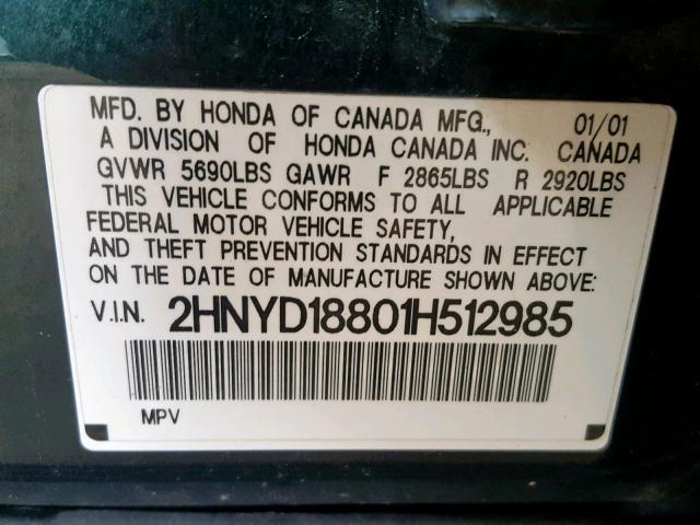 2HNYD18801H512985 - 2001 ACURA MDX TOURIN GREEN photo 10