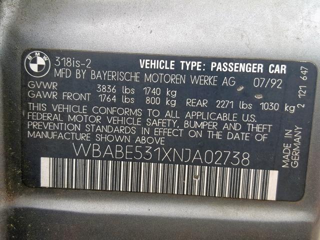 WBABE531XNJA02738 - 1992 BMW 318 IS GRAY photo 10