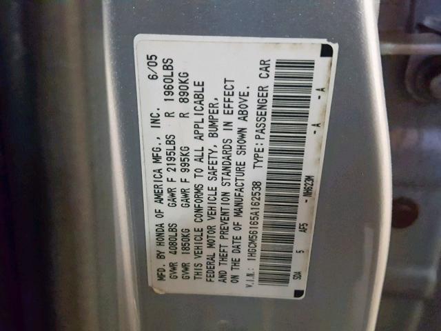 1HGCM56165A162538 - 2005 HONDA ACCORD DX SILVER photo 10