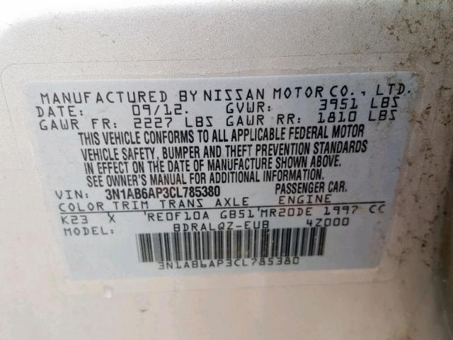 3N1AB6AP3CL785380 - 2012 NISSAN SENTRA 2.0 SILVER photo 10