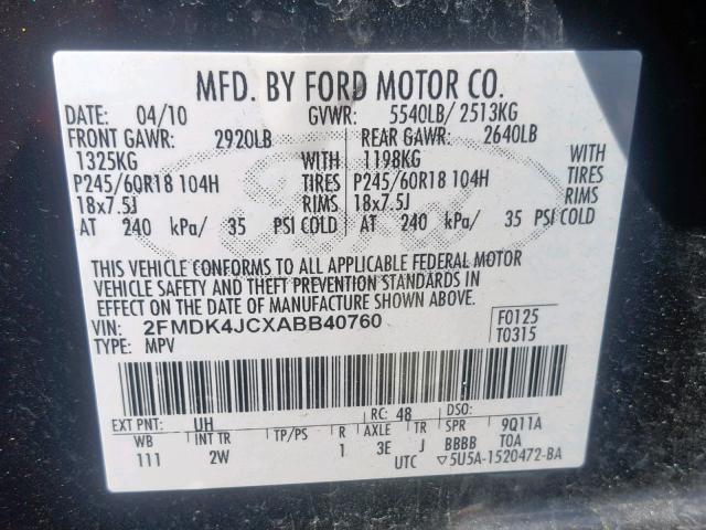 2FMDK4JCXABB40760 - 2010 FORD EDGE SEL BLACK photo 10