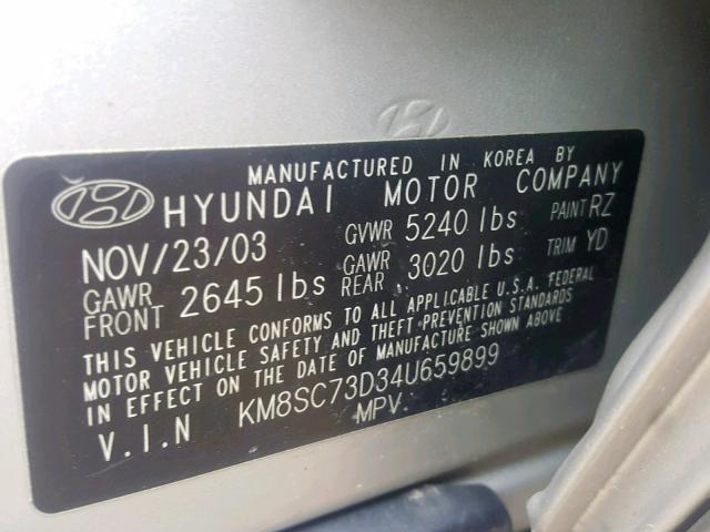 KM8SC73D34U659899 - 2004 HYUNDAI SANTA FE G SILVER photo 10