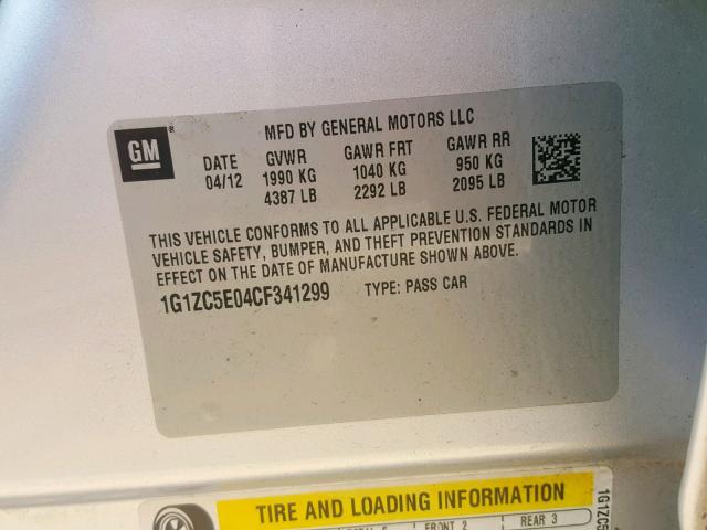 1G1ZC5E04CF341299 - 2012 CHEVROLET MALIBU 1LT ვერცხლისფერი ფოტო 10